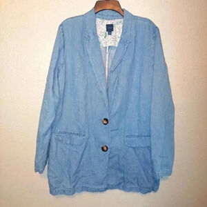 J Jill Womens Blue Denim Blazer Jacket Cape Wash Long Sleeve Size Large Tall